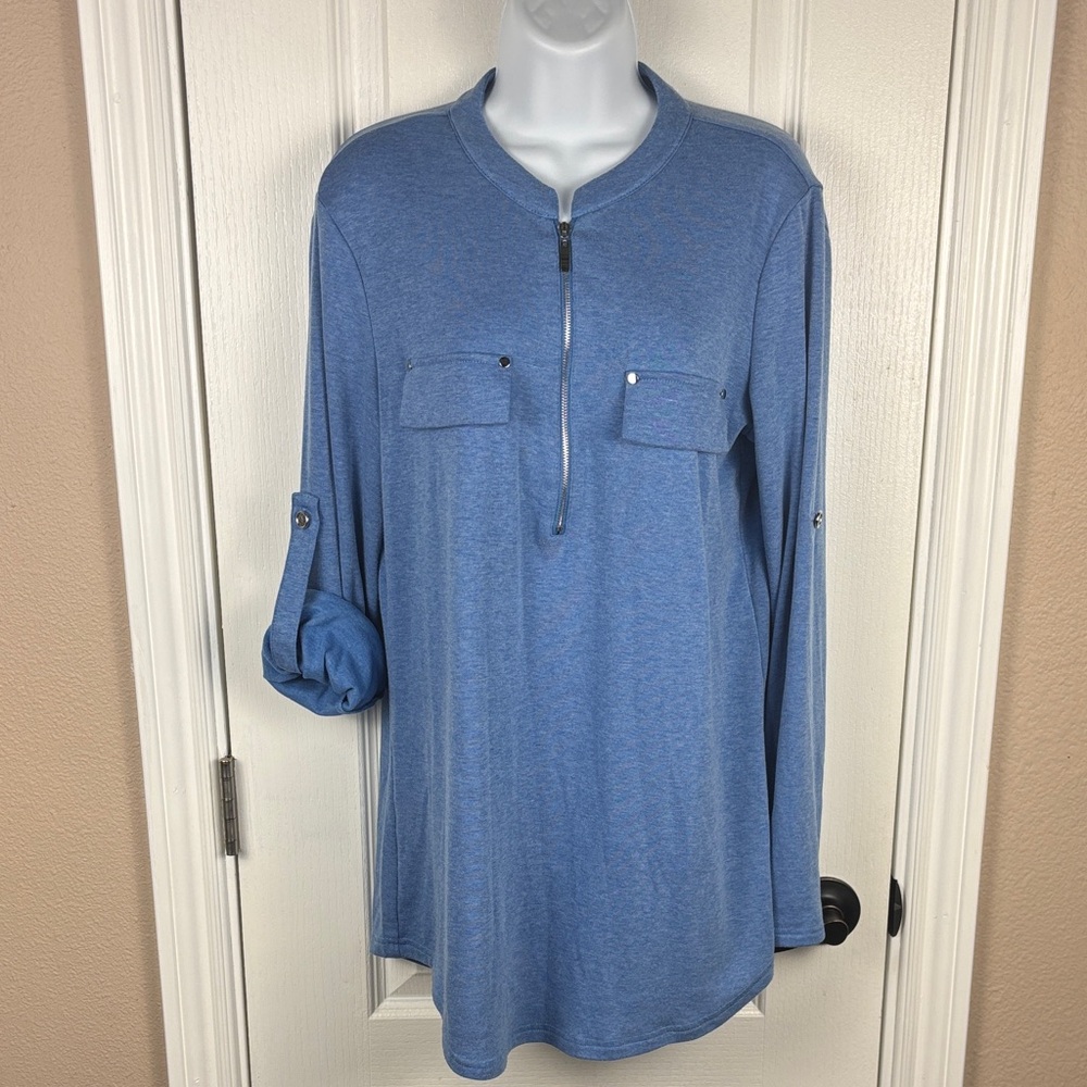 bulotus Women's Roll Tab Sleeves Pull Over 3/4 Zip Blue Tunic Top Size L